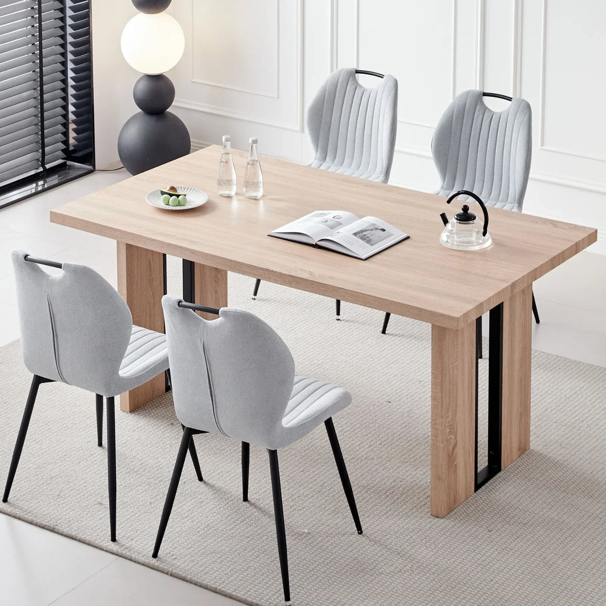 5pcs Rectangle Dining Table Chairs Set for 4, 63" Farmhouse Wood Kitchen Table with 4 Upholstered Mid Century Modern Boucle Chairs for Dinner, Living Dining Room, Apartment, Beige