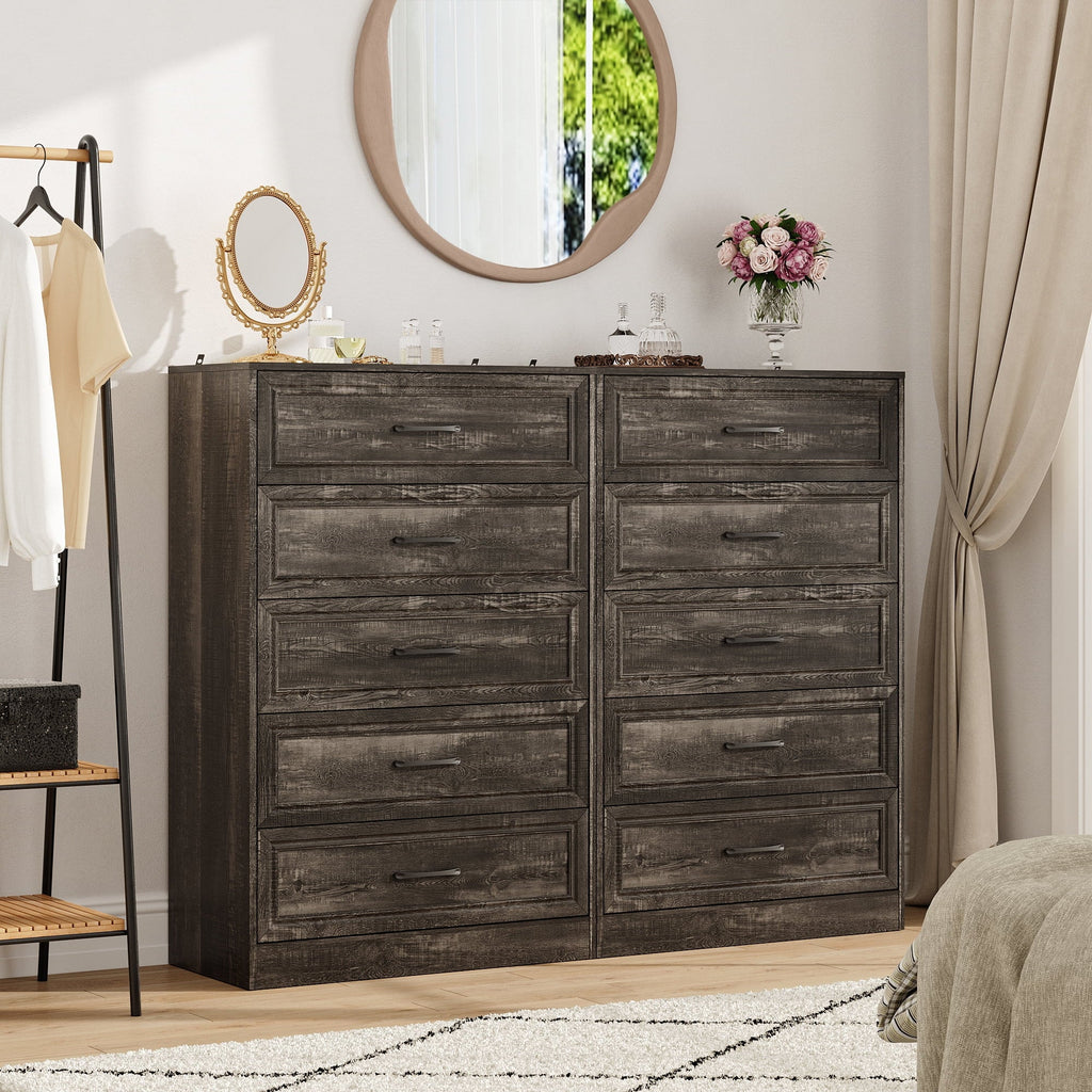 Vabches Farmhouse 5 Drawer Dresser with Metal Handle, Tall Wood Chest of Drawers for Living Room Bedroom,Dark Brown