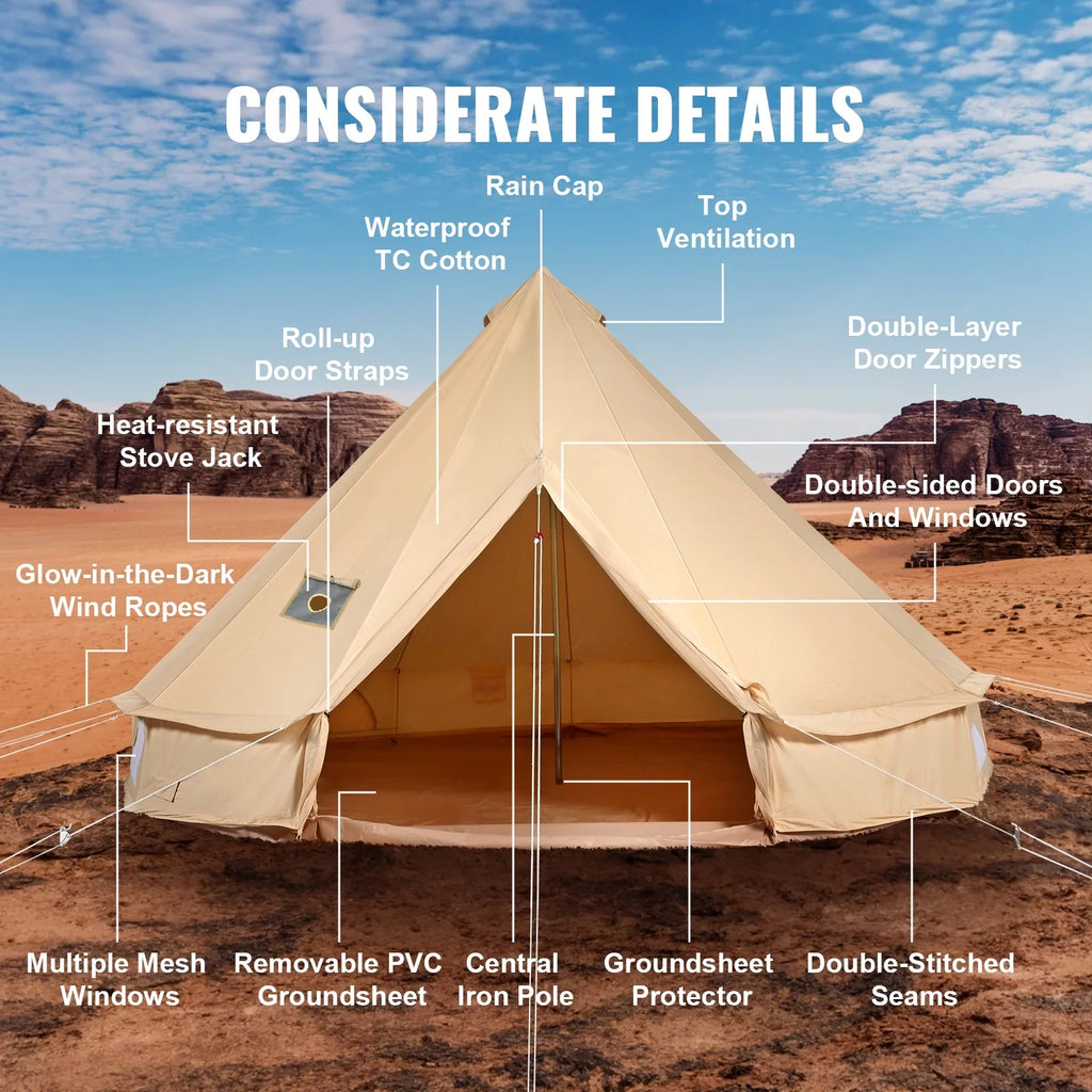 KFFKFF Canvas Bell Tent 5m/16.4ft 4-Season Camping Yurt Tent with Stove Jack