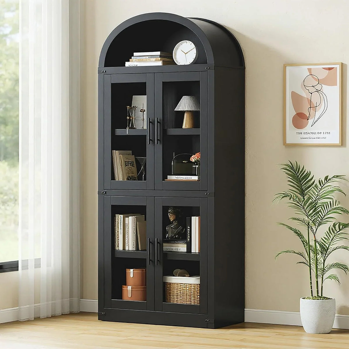 AOILE 72" Tall Arched Farmhouse Bookcase with Doors, Wooden Display Cabinet with Storage Shelves
