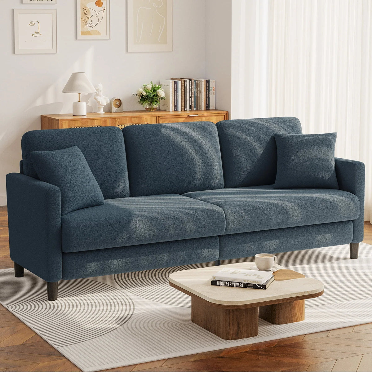 83" Comfortable Upholstered Sofa, 3 Seater Couch for Living Room, Neche Big Loveseat with Extra Deep Seats, 2 Pillows, Beige White