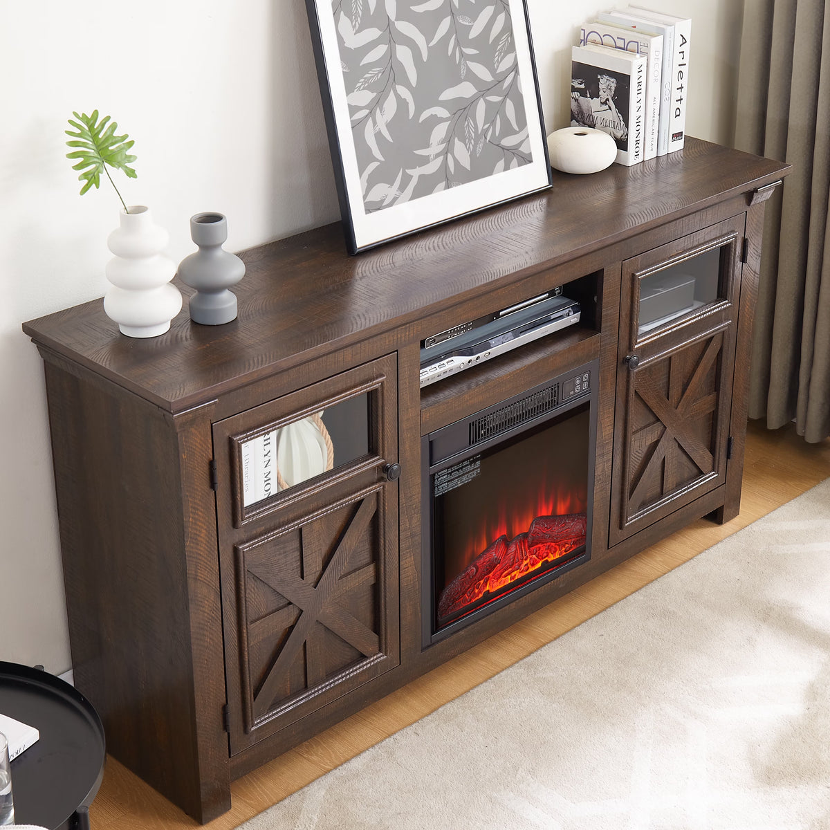PAPROOS Fireplace TV Stand for 65 Inch TV, Modern Farmhouse TV Cabinet with 23'' Electric Fireplace, Entertainment Center Television Console Table for Living Room, Black+Brown