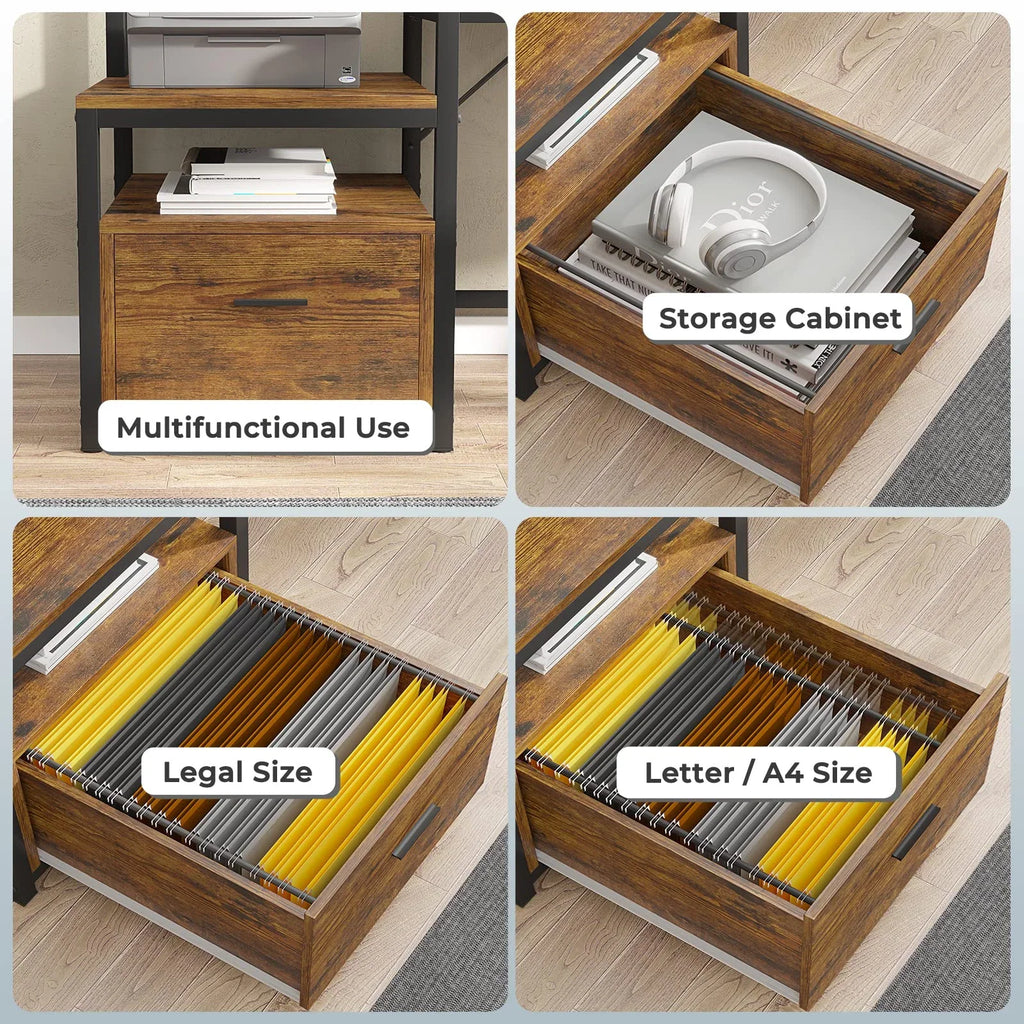 L Shaped Desk with Power Outlet and LED Lights, Corner Computer Desk with File Drawer for Home Office, Gaming Desk, Rustic Brown