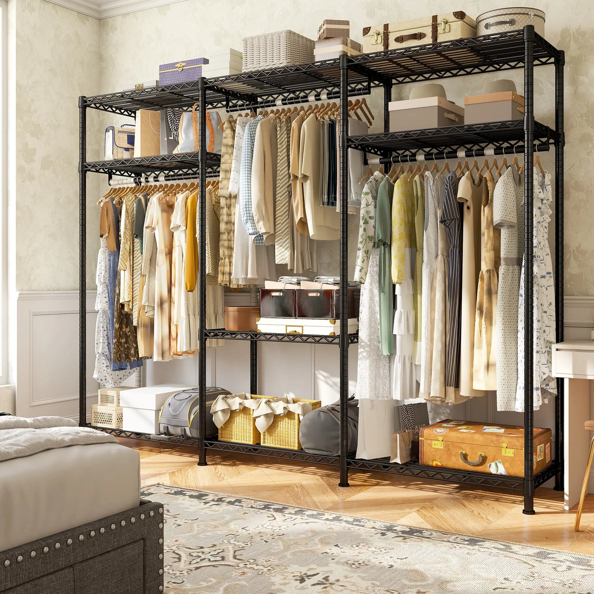 EnHomee Clothing Rack Portable Closet Organizer with 9 Shelves & 3 Rods,Heavy Duty Adjustable Wardrobe Rack 795 LBS Capacity"Black