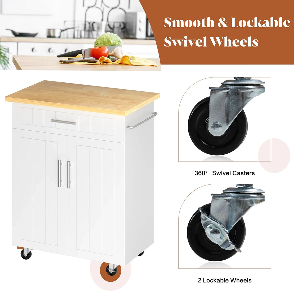 Walsunny Kitchen Island Table Stand with Storage on Wheels,Rolling Kitchen Cart Storage Cabinet with Drawer,White