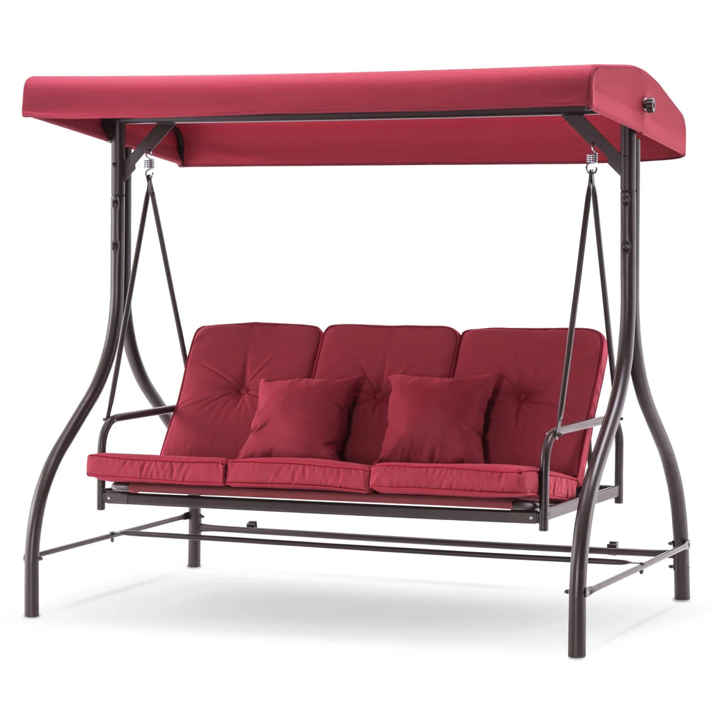 MCombo 3-Seat Outdoor Patio Swing Chair Cushioned with Adjustable Backrest and Canopy, Pillow, Brown