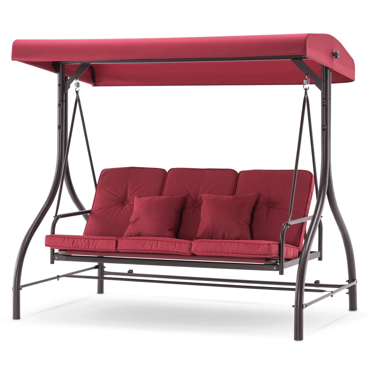 MCombo 3-Seat Outdoor Patio Swing Chair Cushioned with Adjustable Backrest and Canopy, Pillow, Brown