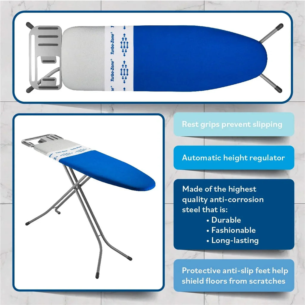 Bartnelli Heavy Duty European Made Ironing Board with Turbo & Park Zone & 4-Layer Cover Pad, Navy Blue 48x15" Iron Surface With Upgraded iron Rest