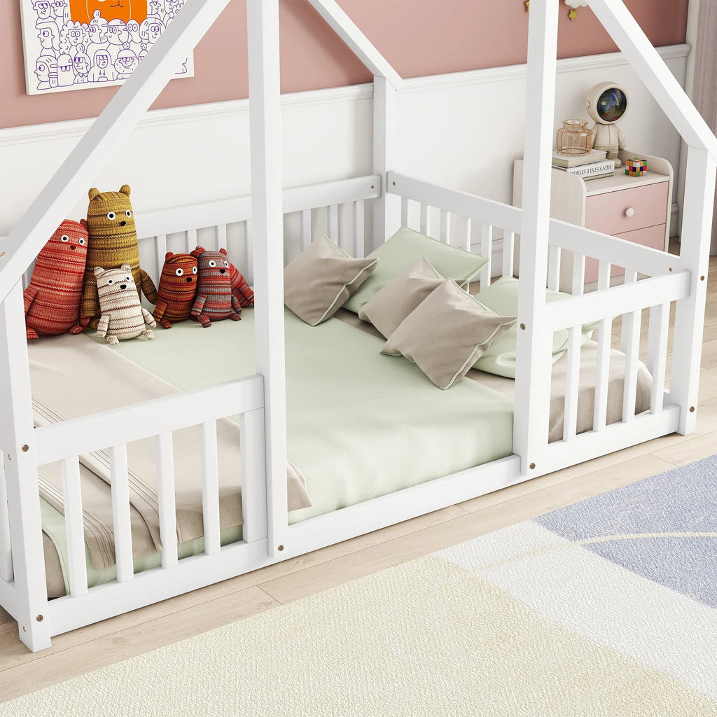 Bellemave Twin Size Floor Bed Frame, Wooden House Bed Twin Size with Fence, Montessori Bed with Guardrails for Bedroom (White)