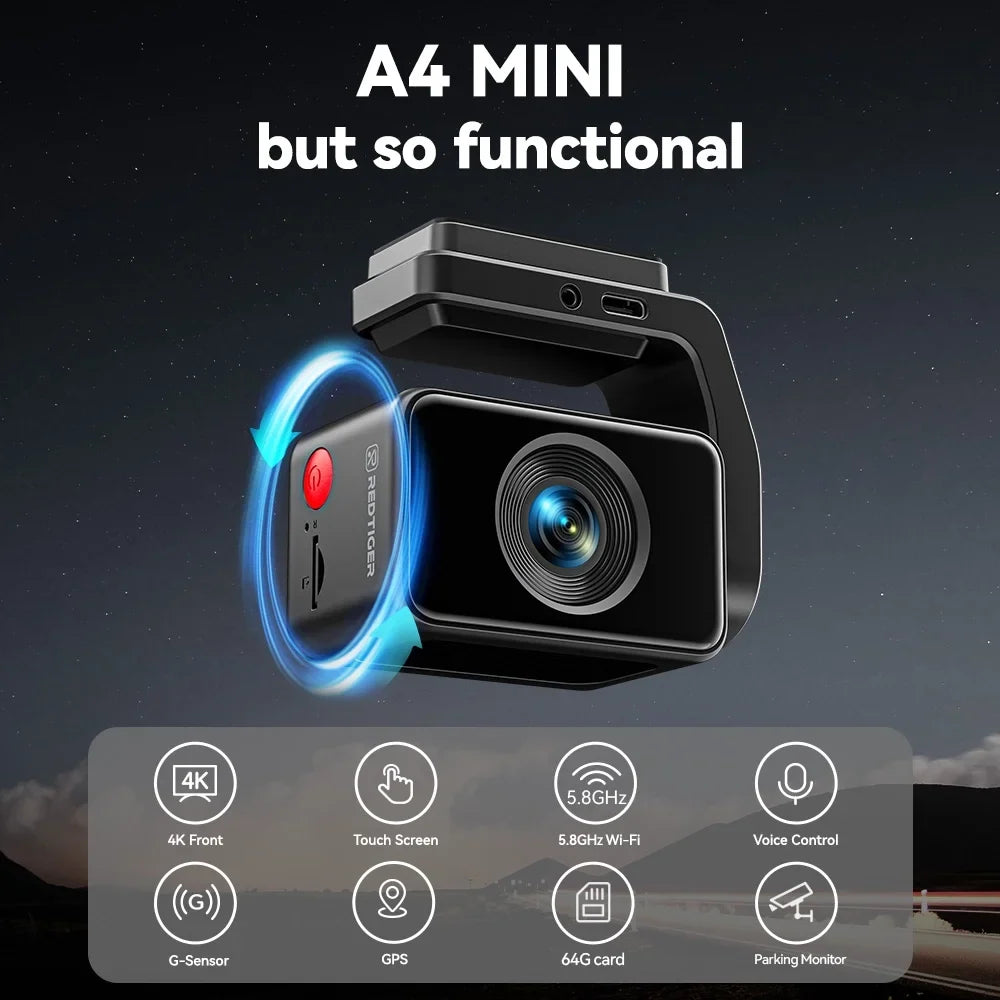 REDTIGER A4 Dash Cam Front and Rear, 4K Car Dash Camera with GPS& 5G Wifi, Touch Screen, 64GB Card, Voice Control Dashcam, Super Night Vision, Front and Rear Dash Cam with G-Sensor