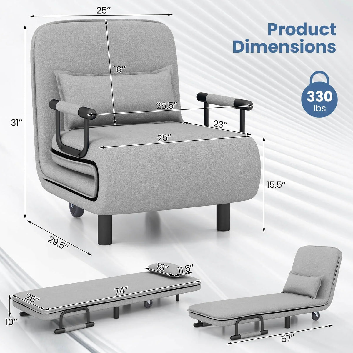 Costway 3-in-1 Convertible Sofa Bed with 5-Position Adjustable Backrest & Lumbar Pillow Brown