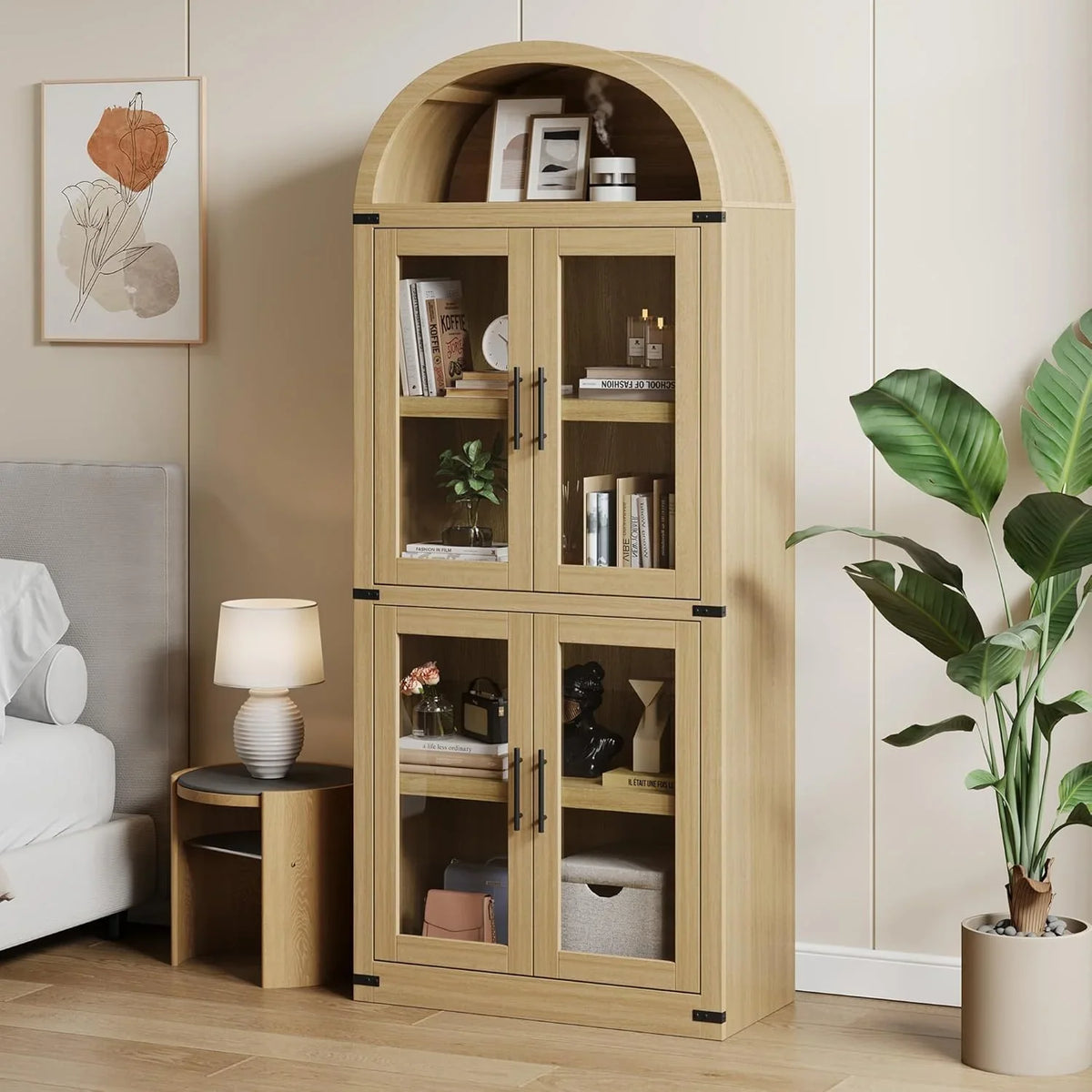 AOILE 72" Tall Arched Farmhouse Bookcase with Doors, Wooden Display Cabinet with Storage Shelves