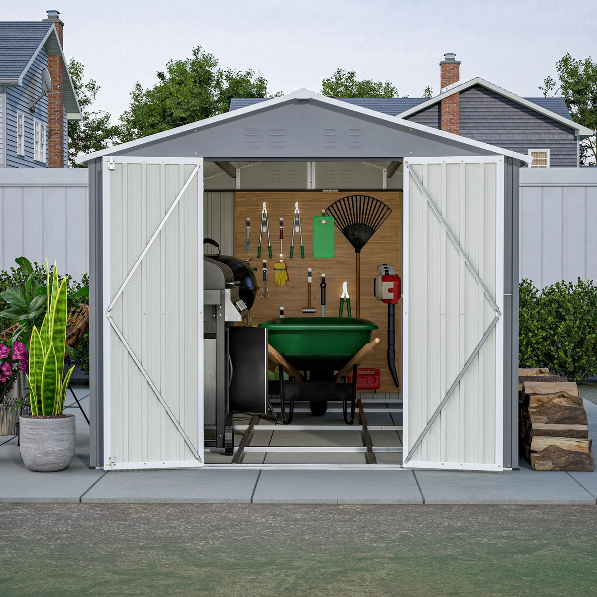 LZBEITEM 10 x 10 ft Outdoor Storage Shed with Floor Frame Kit, Galvanized Steel Garden Sheds, Garden Tool Shed with Double Lockable Doors for Backyard Patio Lawn, Grey