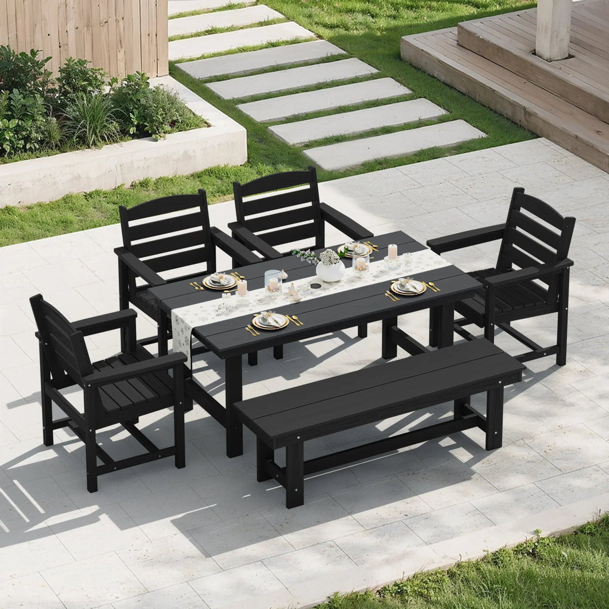 KINGYES 7-Piece Outdoor Dining Set, HDPE Patio Table and Chairs with Umbrella Hole, Gray
