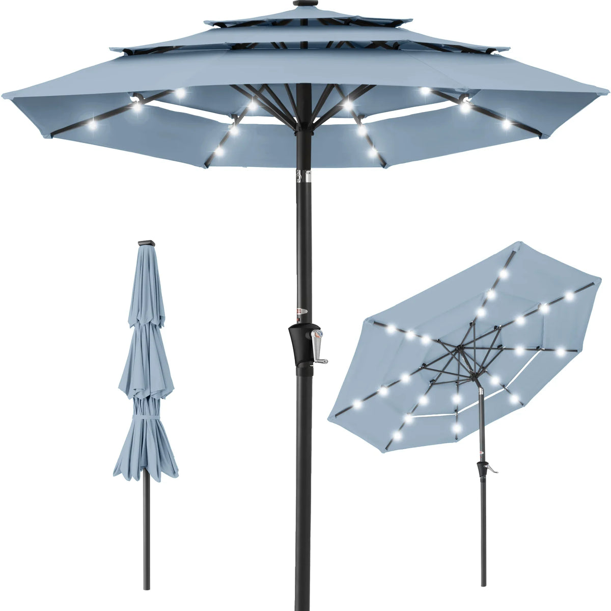 Best Choice Products 10ft 3-Tier Solar Patio Umbrella w/ 24 LED Lights, Tilt Adjustment, Easy Crank - Tan