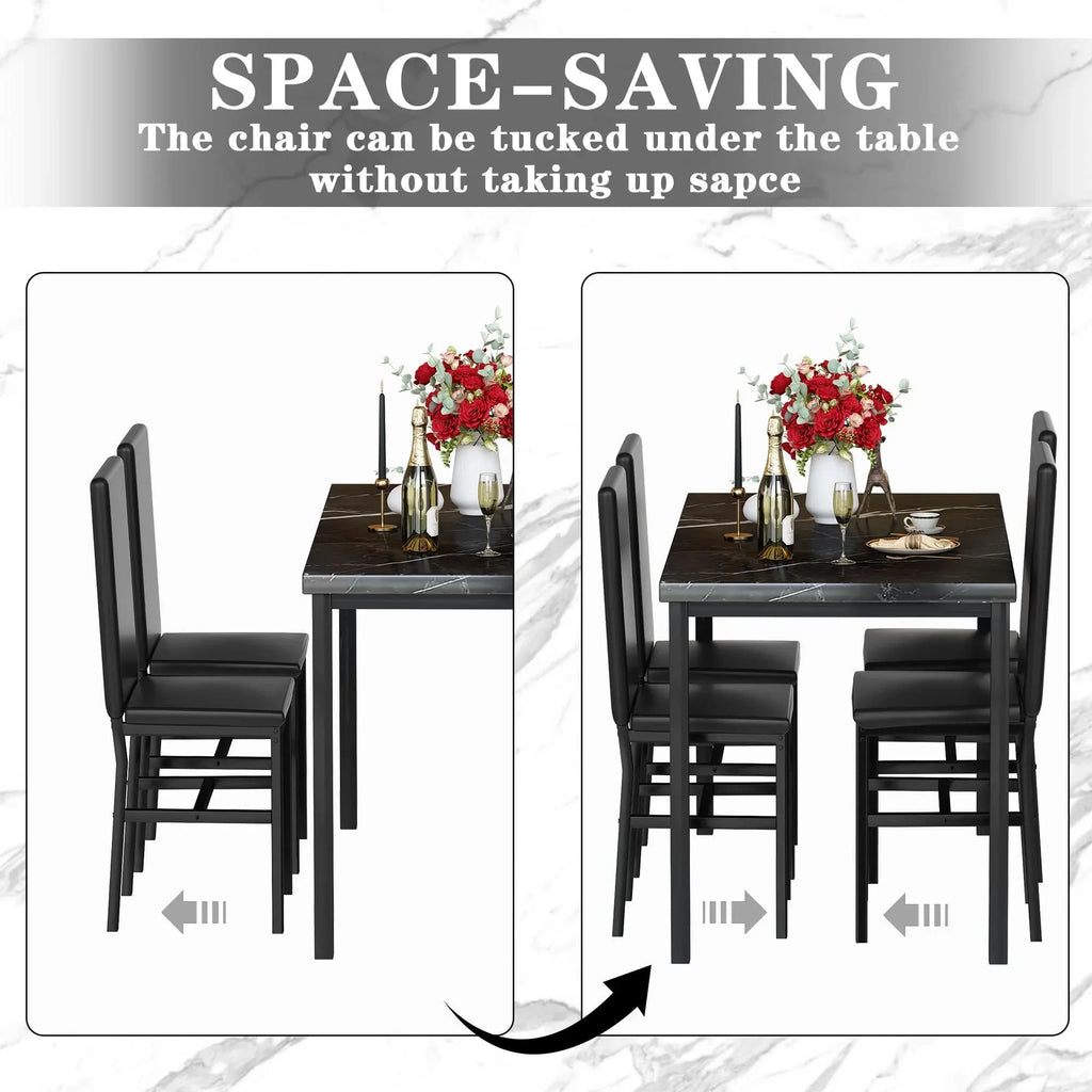 AWQM Dining Table Set of 4, Faux Marble 5 Piece Dining Room Table Set with PU Leather Chairs, Rectangular Kitchen Table Set for Apartment, Dining, White