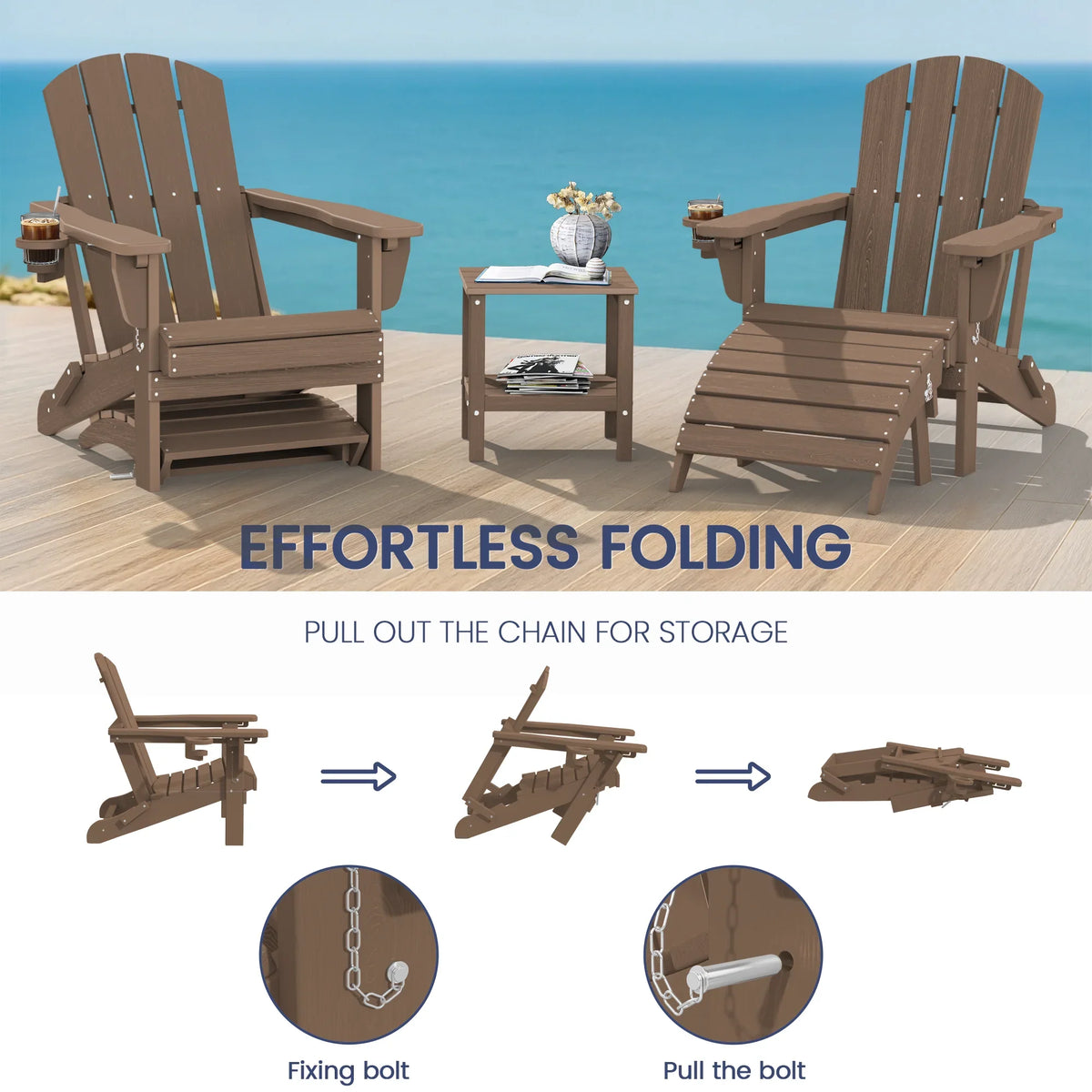 SERWALL Outdoor Adjustable Folding HDPE Adirondack Chairs Set of 2 with Cup Holder, Gray