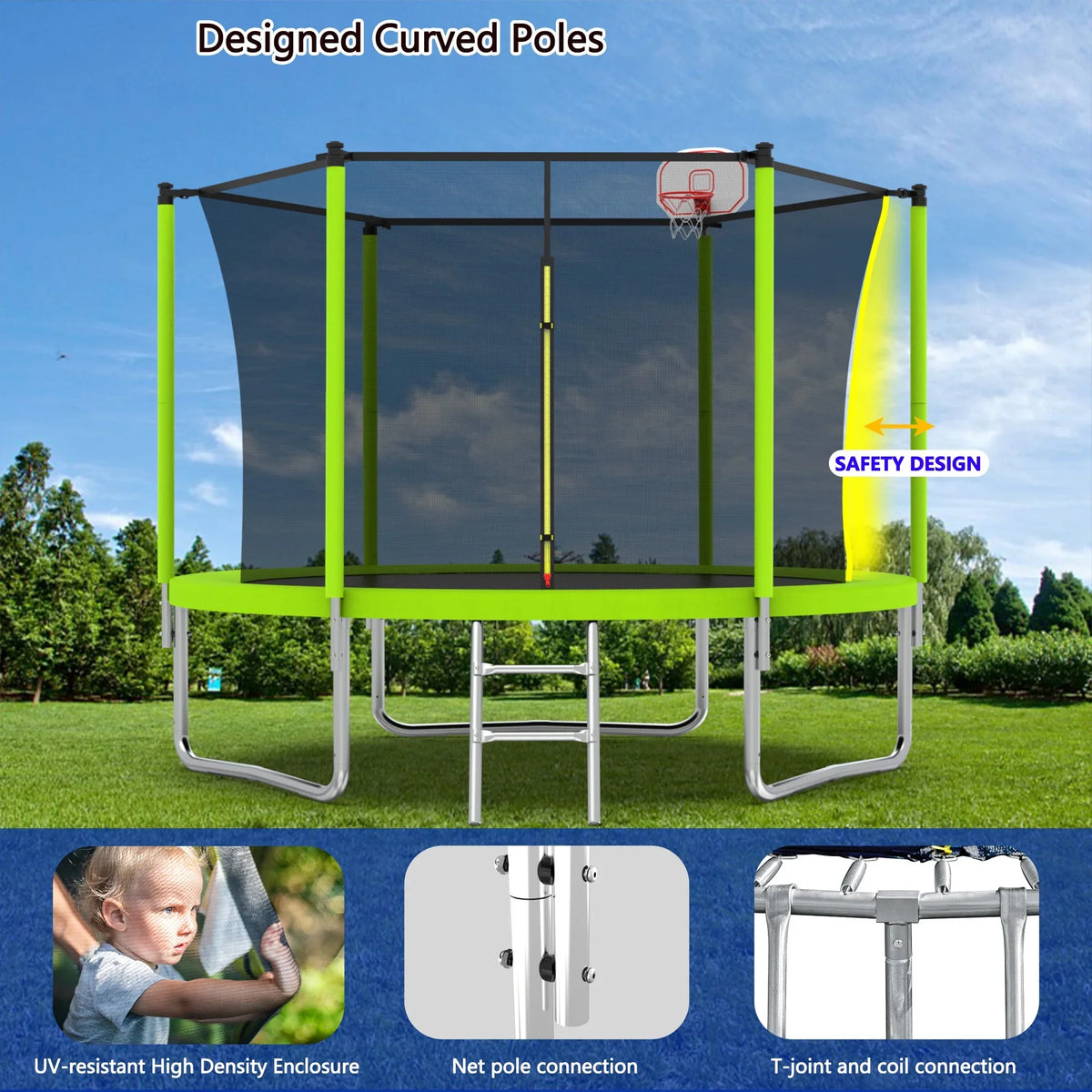 Alvantor Trampoline for Kids with Basketball Hoop, 10 Ft Backyard Round Trampolines with Enclosure Net, Age 3-10, Blue