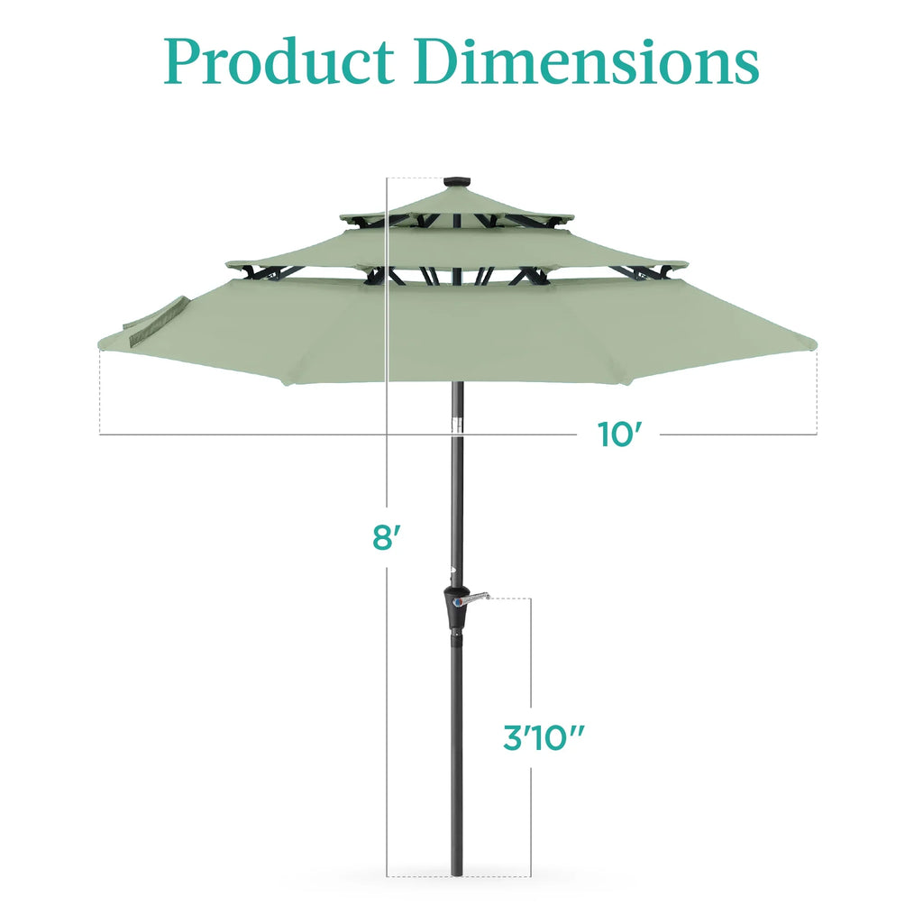 Best Choice Products 10ft 3-Tier Solar Patio Umbrella w/ 24 LED Lights, Tilt Adjustment, Easy Crank - Tan