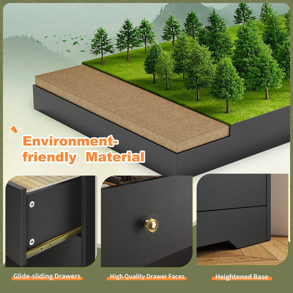4-Drawer Black Wood Dresser with LED Lights,Modern Chest of Drawers for Bedroom,Living Room