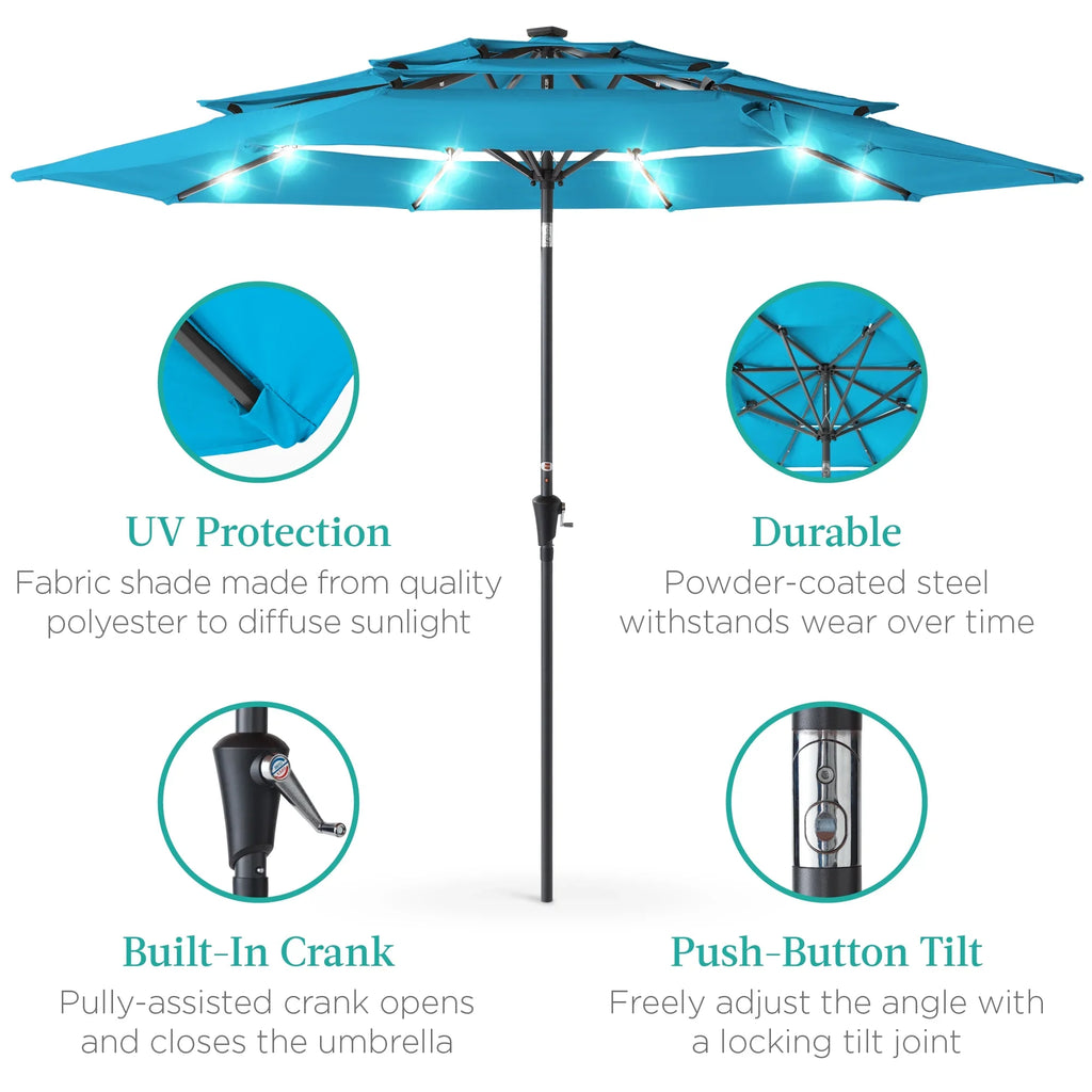 Best Choice Products 10ft 3-Tier Solar Patio Umbrella w/ 24 LED Lights, Tilt Adjustment, Easy Crank - Tan