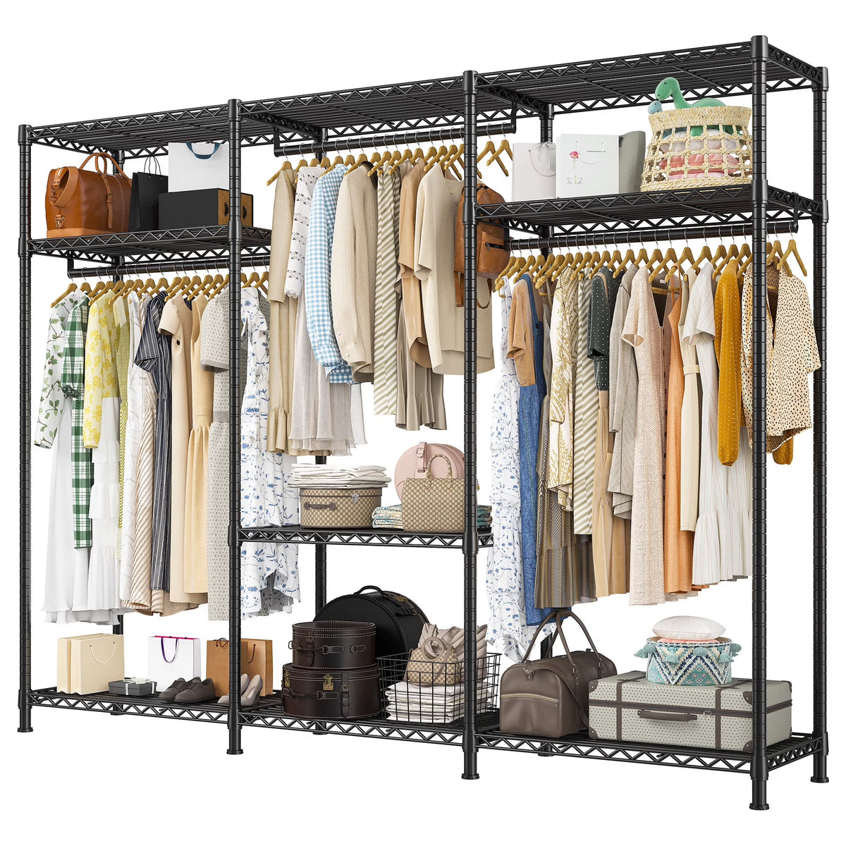 EnHomee Clothing Rack Portable Closet Organizer with 9 Shelves & 3 Rods,Heavy Duty Adjustable Wardrobe Rack 795 LBS Capacity"Black