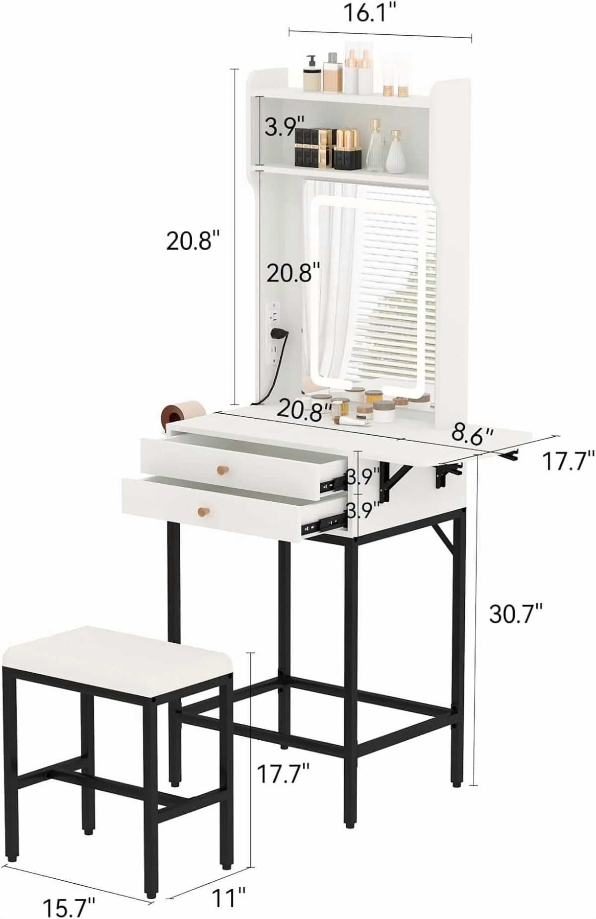 Small Makeup Vanity Desk with Mirror and Lights,Vanity Table Set with Storage Drawer,Hair Dryer Holder,Fold-Up Panel,Stool and Shelves,Compact Makeup Dressing Table for Bedroom Apartments