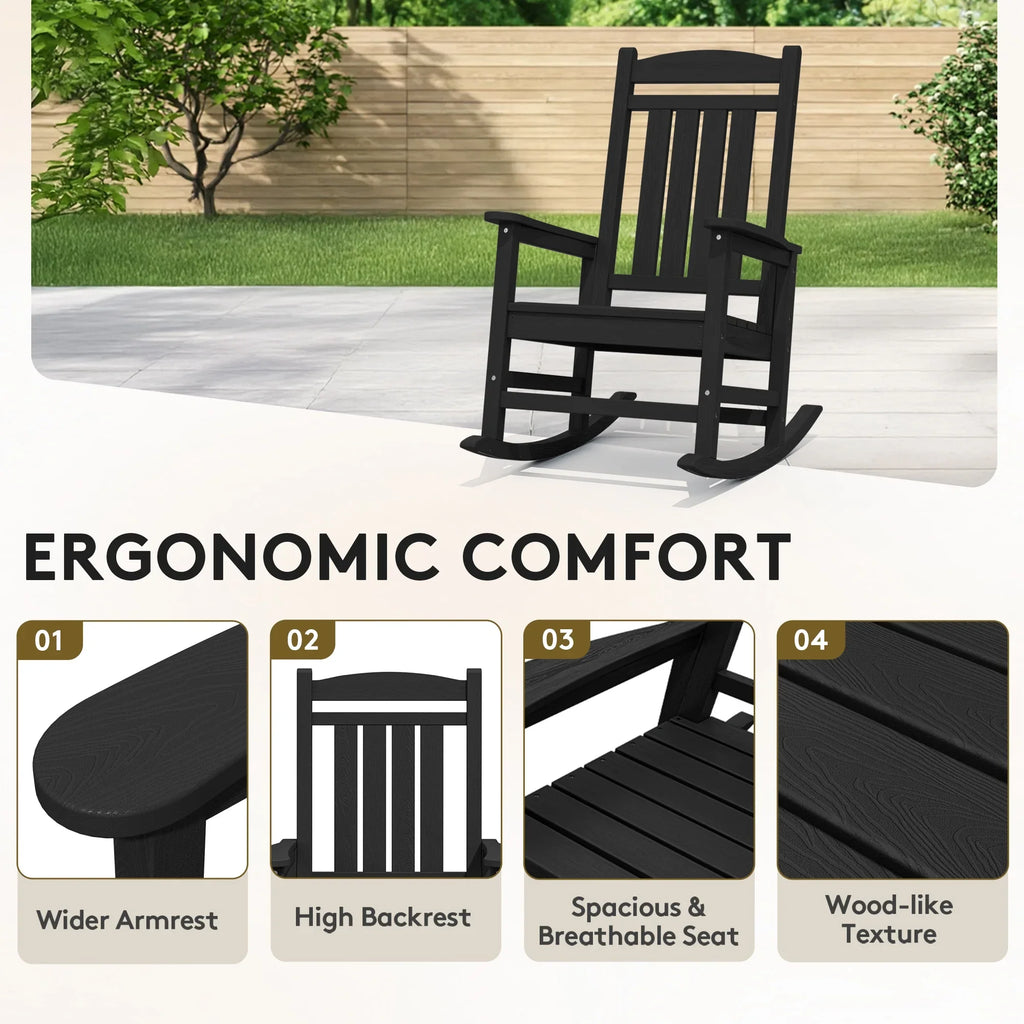 KINGYES HDPE Outdoor Rocking Chairs Set of 2,HDPE Patio Rocker for Porch,Black