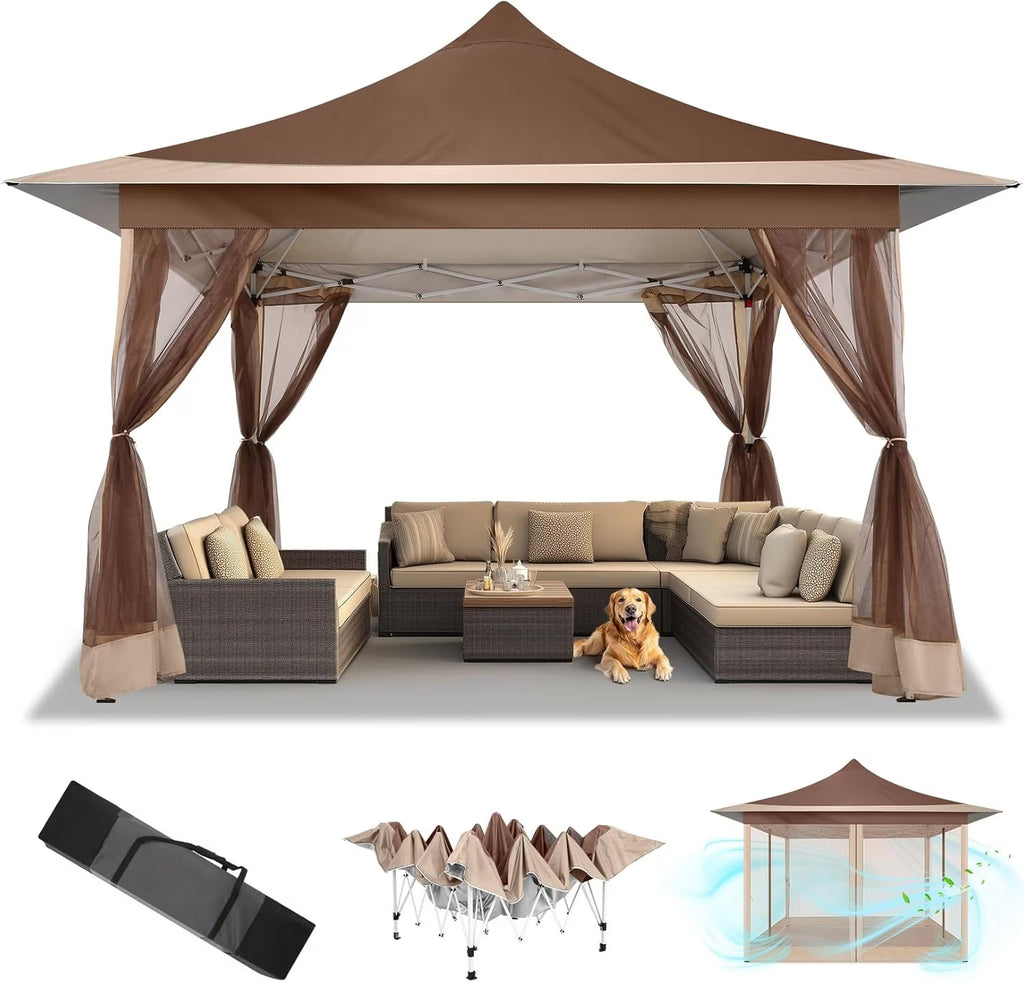 HOTEEL 12x12 Outdoor Pop-up Gazebo Canopy with Mosquito Netting 2-Tiered Vented Top 3 Adjustable Height for Backyard, Garden, Lawn,Light Grey