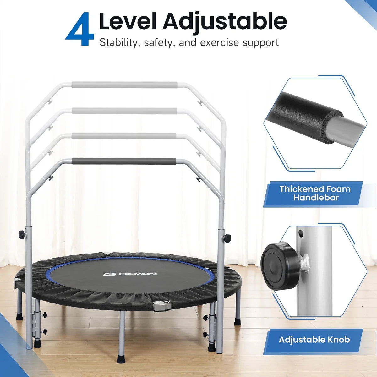 BCAN 40" Foldable Trampoline, Fitness Rebounder with Adjustable Foam Handle, Exercise Trampoline for Adults/kids Indoor/Garden Workout Max Load 330lbs