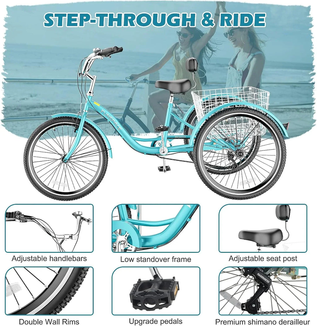 MOONCOOL Adult Tricycles with Rear Basket & Inflator, 24 26 inch 7 Speed 3 Wheel Bikes, Three-Wheeled Bicycles Adult Trike with Backrest for Seniors, Women, Men