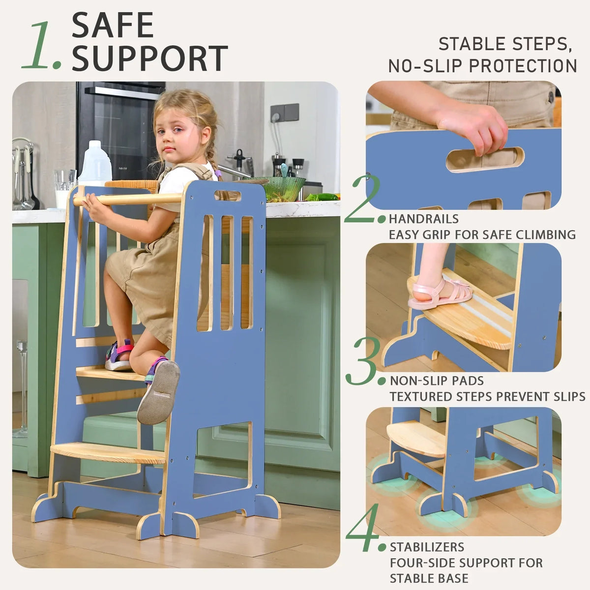 Toddler Standing Tower, Kids Kitchen Stool Helper 3 Levels Adjustable Height Wooden Toddler Step Stools for Learning New Skills