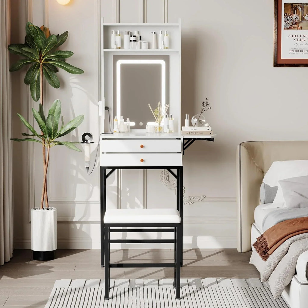 Small Makeup Vanity Desk with Mirror and Lights,Vanity Table Set with Storage Drawer,Hair Dryer Holder,Fold-Up Panel,Stool and Shelves,Compact Makeup Dressing Table for Bedroom Apartments