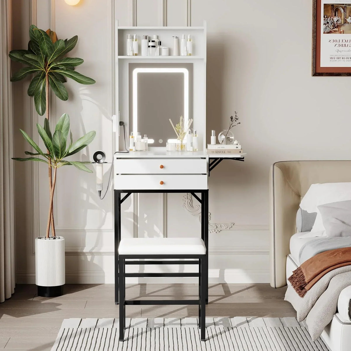 Small Makeup Vanity Desk with Mirror and Lights,Vanity Table Set with Storage Drawer,Hair Dryer Holder,Fold-Up Panel,Stool and Shelves,Compact Makeup Dressing Table for Bedroom Apartments