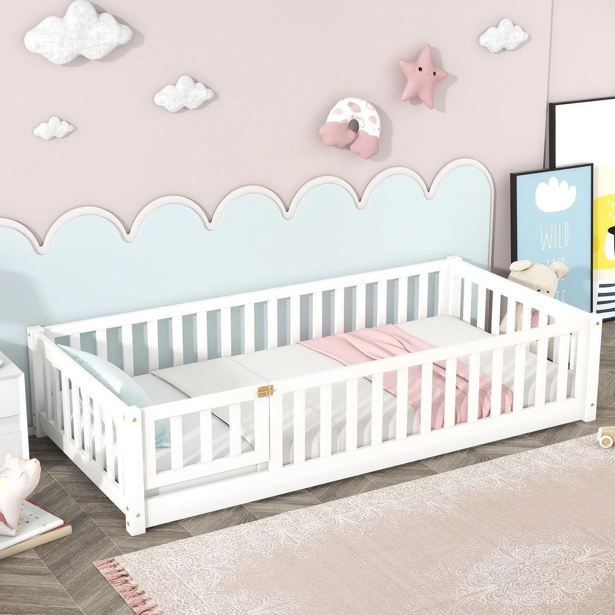 PAPROOS Twin Size Floor Bed, Solid Wood Toddler Bed with Slat, Fence Guardrail and Door, No Box Spring Needed, Montessori Bed, Twin Bed for Kids, Boys, Girls, Gray