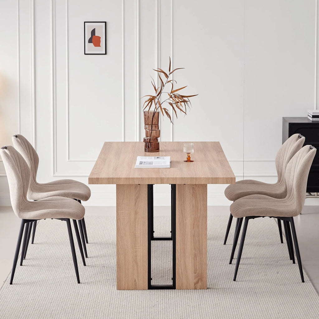 5pcs Rectangle Dining Table Chairs Set for 4, 63" Farmhouse Wood Kitchen Table with 4 Upholstered Mid Century Modern Boucle Chairs for Dinner, Living Dining Room, Apartment, Beige
