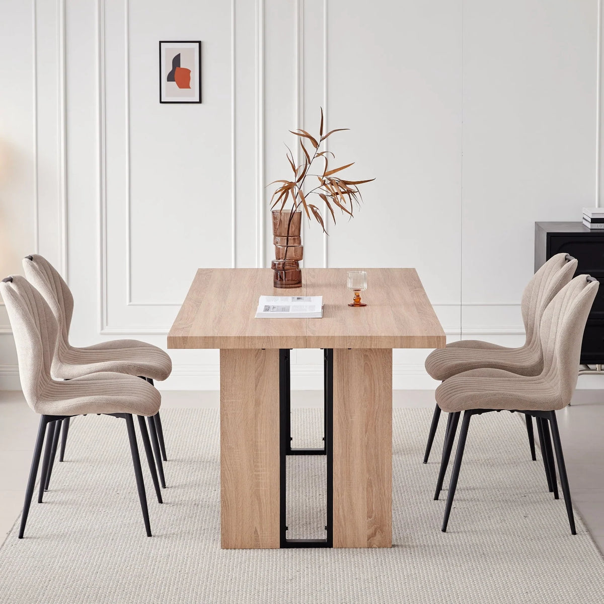 5pcs Rectangle Dining Table Chairs Set for 4, 63" Farmhouse Wood Kitchen Table with 4 Upholstered Mid Century Modern Boucle Chairs for Dinner, Living Dining Room, Apartment, Beige
