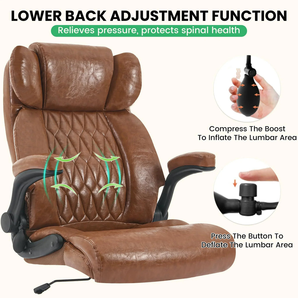 Ninecer 500lbs Big and Tall Office Chair with Inflatable Lumbar Support, Ergonomic Executive Desk Chair with Extra Wide Seat, Adjustable Height Computer Chair, Heavy Duty Leather Office Chair, Black