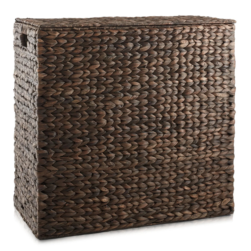 Casafield 2-Section Laundry Hamper with Lid and Removable Liner Bags - Natural, Woven Water Hyacinth Laundry Basket for Clothes