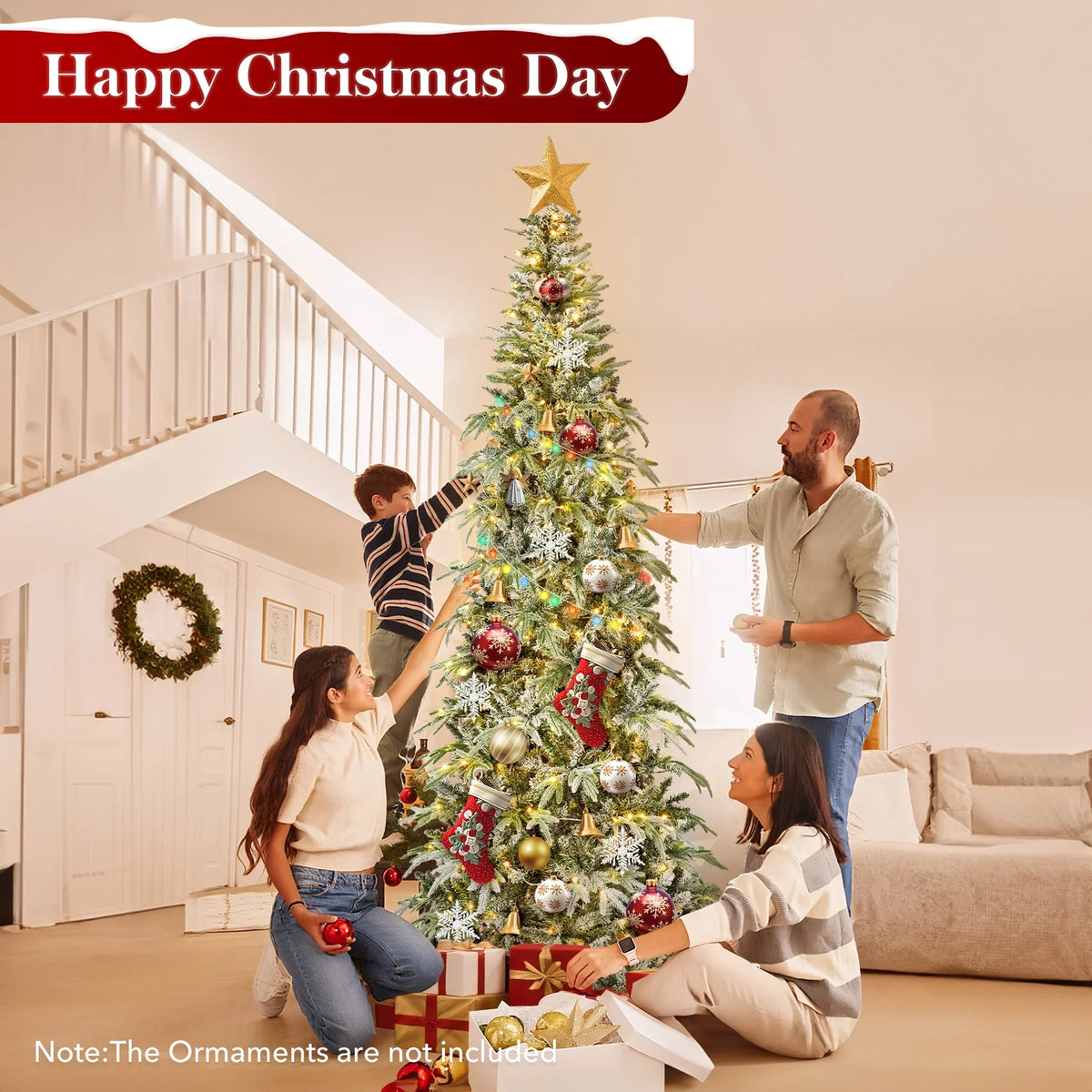 Qunler 9ft Snow Flocked Christmas Tree with 2028 Tips, Artificial Snowy Xmas Pine Tree with Reinforced Metal Base for Home Office Party Holiday Decorations,White(NO Light)