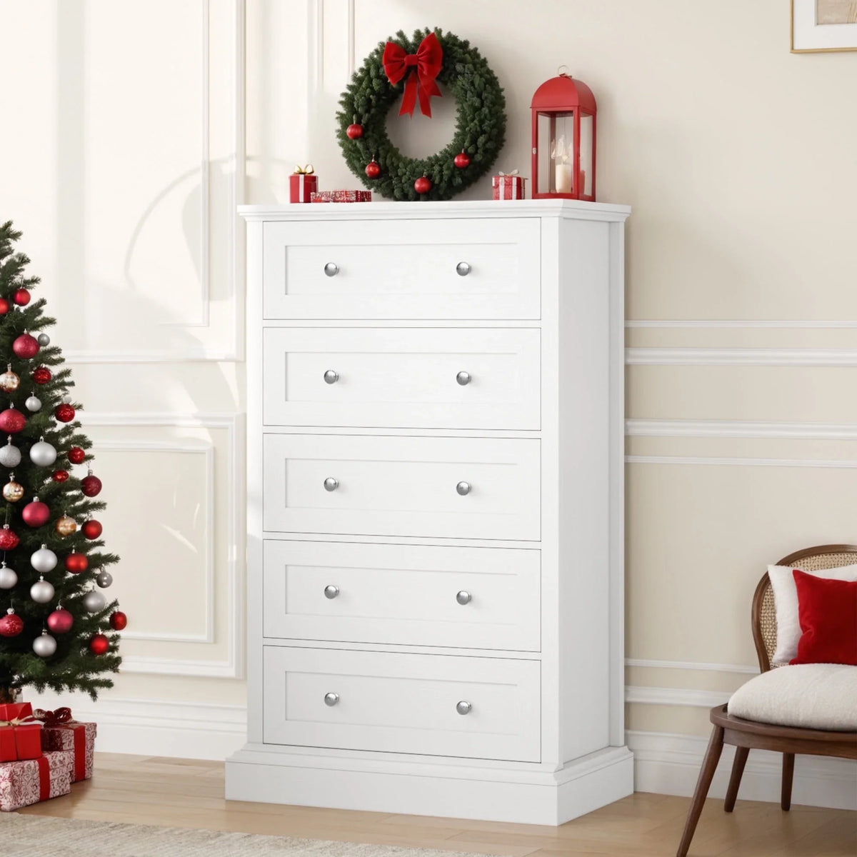 Homfa 5 Drawer Bedroom Dresser, Tall Wood Nightstand Storage Cabinet for Office Living Room,Gray