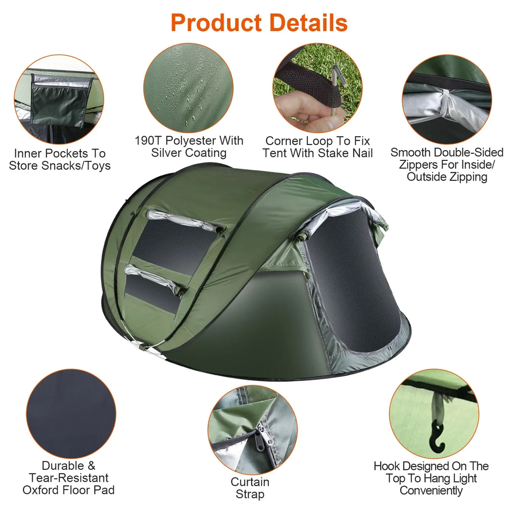 Tcbosik Easy Pop Up Tent for 5-8 Person, Automatic Setup Instant Family Tent with 2 Doors and 4 Mosquito Net Windows, Waterproof Camping Tent with Carry Bag for Hiking & Traveling, Khaki
