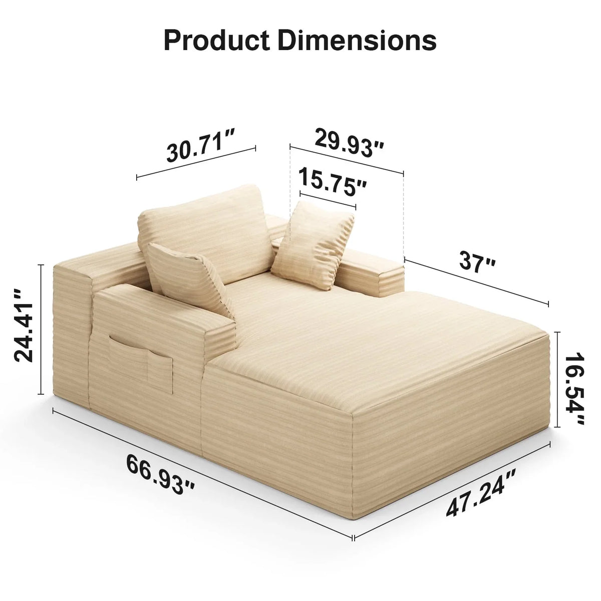 Lofka Oversized Chaise Lounge Indoor, 66"D Corduroy Upholstered Boneless Sofa Bed for Reading on Living Room & Bedroom, No Assembly Required (Beige)