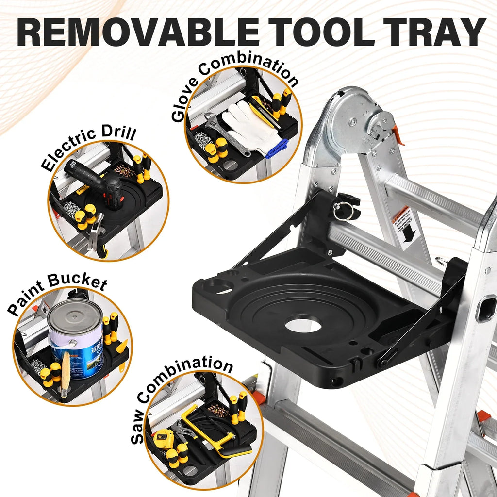 HBTower Ladder, A Frame 4 Step Extension Ladder, 14 Ft Multi Position Ladder with Removable Tool Tray and Stabilizer Bar, 330 lbs Capacity Telescoping Ladder for Household and Outdoor Work