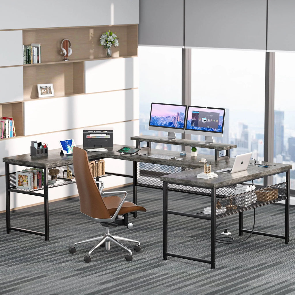Homieasy U Shaped Desk with Power Outlet and LED Strips, 129.9'' Ergonomic L-Shaped Gaming Desk with Monitor Stand, Reversible Corner Computer Desk with Storage Shelf for Home Office, White Oak