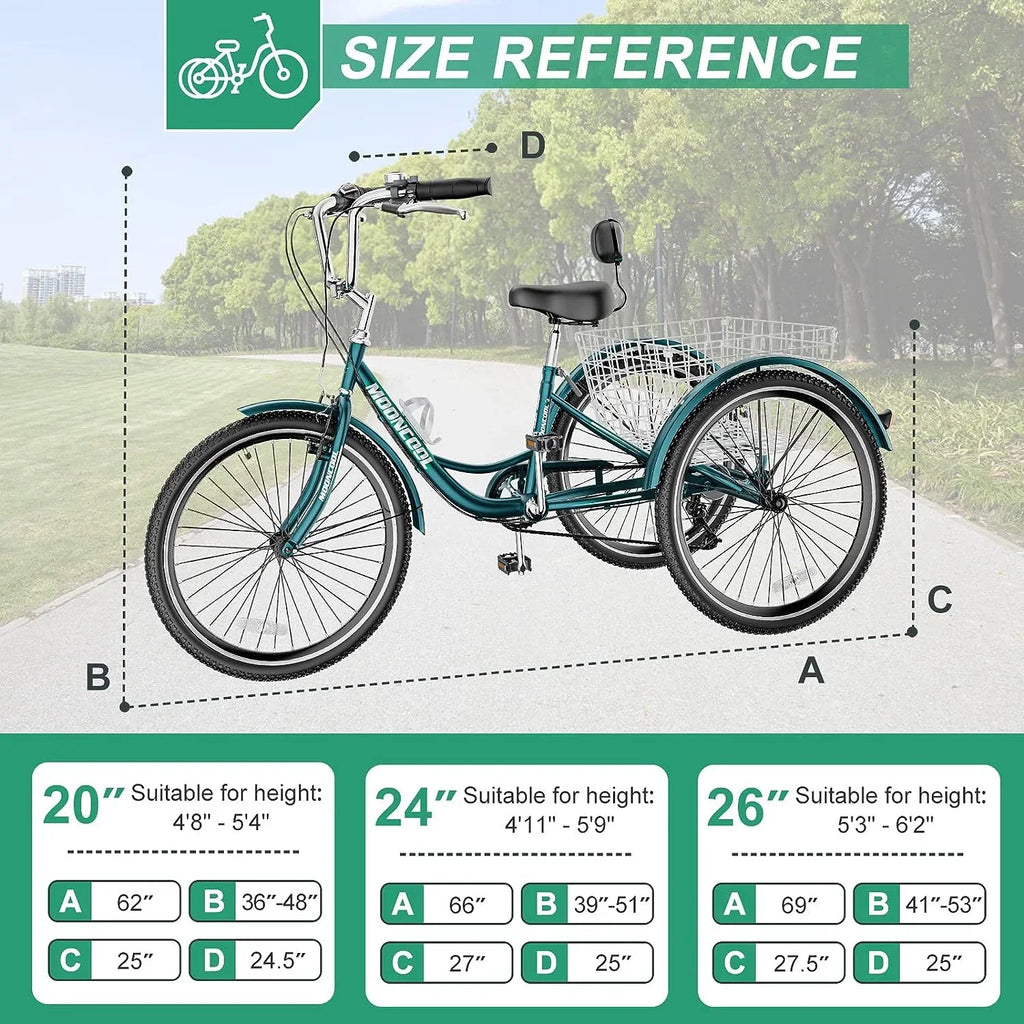 MOONCOOL Adult Tricycles with Rear Basket & Inflator, 24 26 inch 7 Speed 3 Wheel Bikes, Three-Wheeled Bicycles Adult Trike with Backrest for Seniors, Women, Men