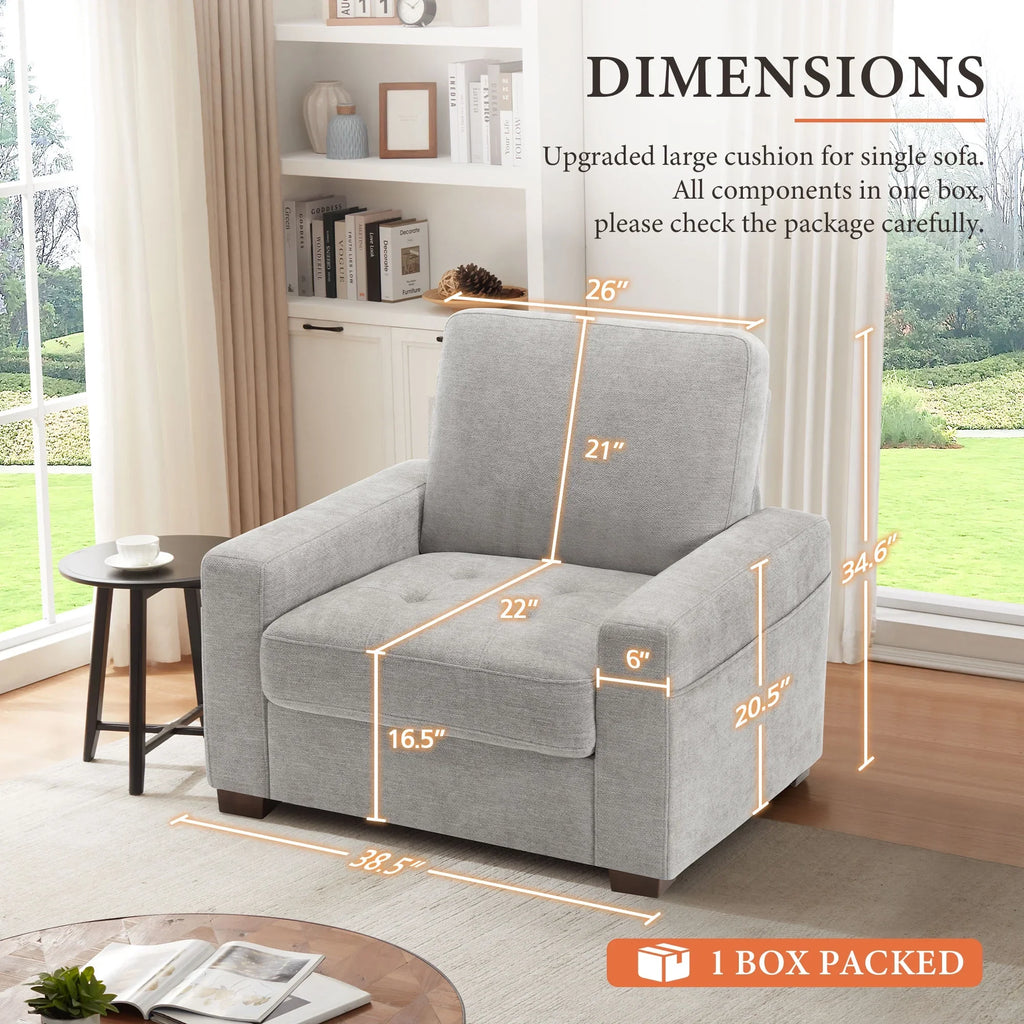 BedLuxury 38.5'' Wide Modern Accent Chair & Single Sofa Lounge for Living Room, Chenille Oversized Armchair, Grey