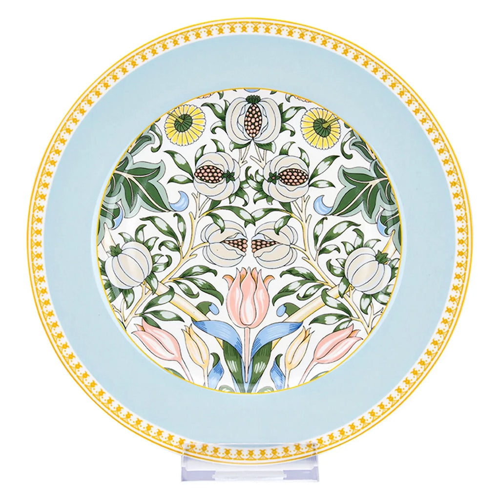 STP GOODS Melodie de Fleurs Bone China Dinnerware Set of 24 Service for 6 24-Piece Dish Set of Plates and Bowls, Blue Gold White