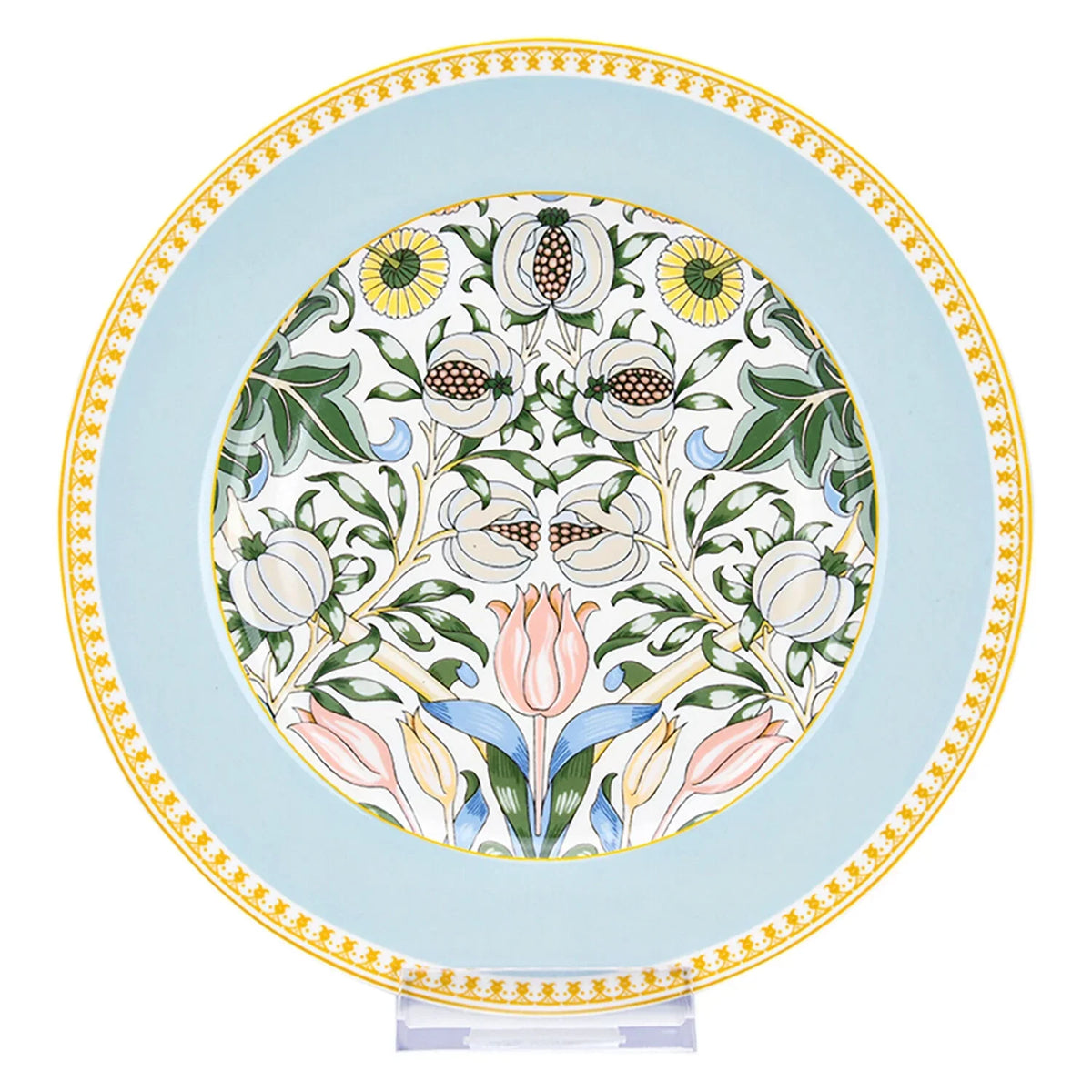 STP GOODS Melodie de Fleurs Bone China Dinnerware Set of 24 Service for 6 24-Piece Dish Set of Plates and Bowls, Blue Gold White