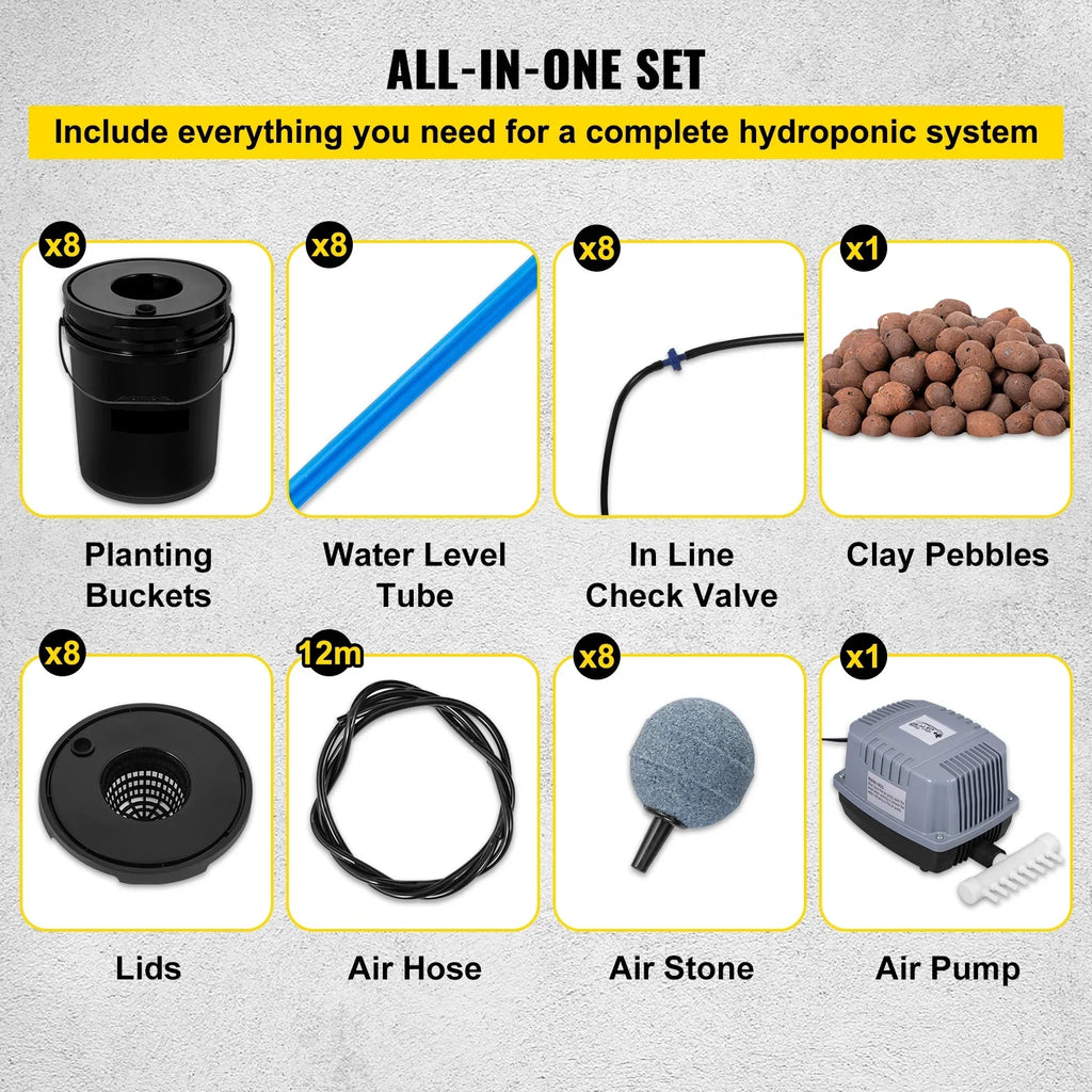 KFFKFF DWC Hydroponic System, 5 Gallon 8 Buckets, Deep Water Culture Growing Bucket, Hydroponics Grow Kit with Pump, Air Stone and Water Level Device, for Indoor/Outdoor Leafy Vegetables